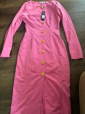 Pink Long Sleeve Midi Dress with Gold Floral Buttons
